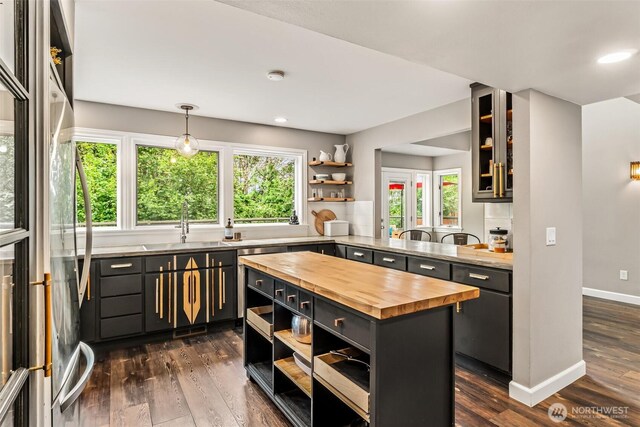233 Joann Ln, Arlington, WA 98223 - kitchen featuring butcher block countertops, open shelves, dark wood-type flooring, refrigerator, and recessed lighting