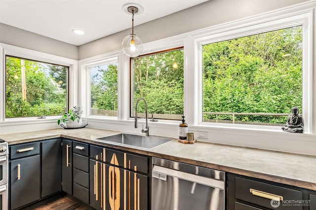 233 Joann Ln, Arlington, WA 98223 - kitchen with dishwasher, pendant lighting, light countertops, and dark wood finished floors