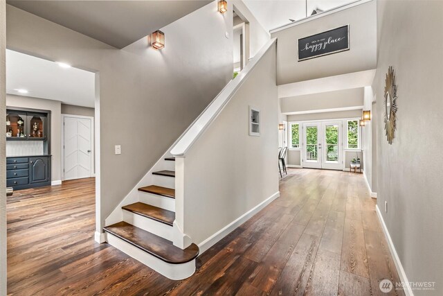 233 Joann Ln, Arlington, WA 98223 - staircase with hardwood / wood-style flooring and french doors
