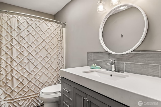 233 Joann Ln, Arlington, WA 98223 - full bathroom featuring decorative backsplash, vanity, and a shower with curtain