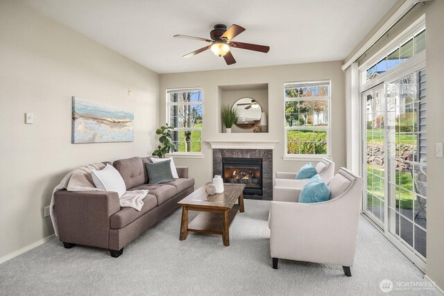 1855 Trossachs Blvd SE Unit 1401, Sammamish, WA 98075 - carpeted living area with a ceiling fan and a fireplace