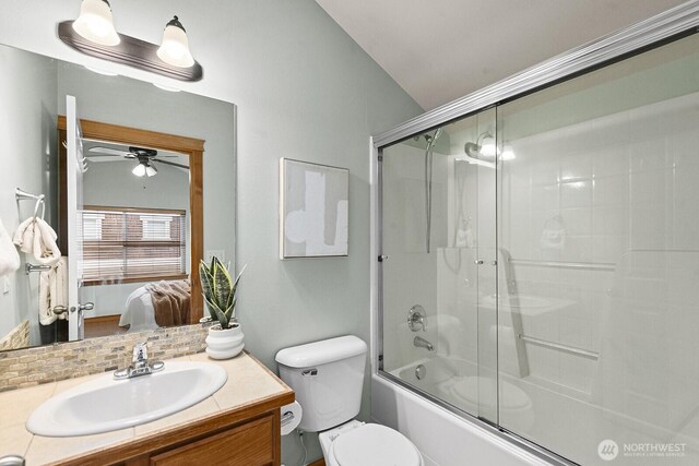 9400 35th Ave SW, Seattle, WA 98126 - full bathroom with ensuite bathroom, vanity, enclosed tub / shower combo, a ceiling fan, and backsplash