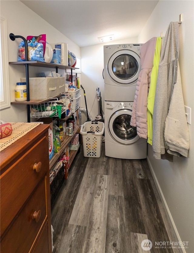 1215 273rd Pl, Ocean Park, WA 98640 - laundry room with estacked washer and dryer and wood finished floors