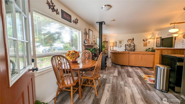 1215 273rd Pl, Ocean Park, WA 98640 - dining room featuring wood finished floors and a wood stove