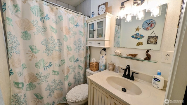 1215 273rd Pl, Ocean Park, WA 98640 - bathroom with vanity, a chandelier, and curtained shower