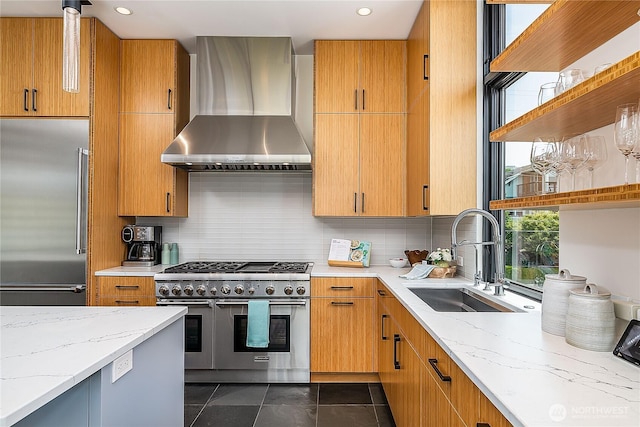 2501 Yale Ave E, Seattle, WA 98102 - kitchen featuring high quality appliances, wall chimney range hood, open shelves, decorative backsplash, and recessed lighting