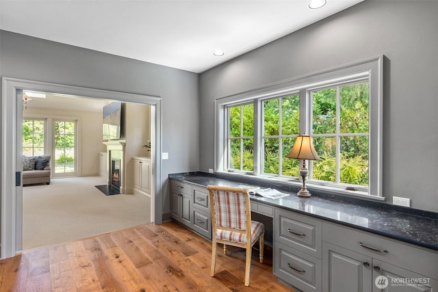 303 39th Ave NE, Olympia, WA 98506 - office space featuring built in study area, a fireplace with flush hearth, light wood finished floors, and recessed lighting