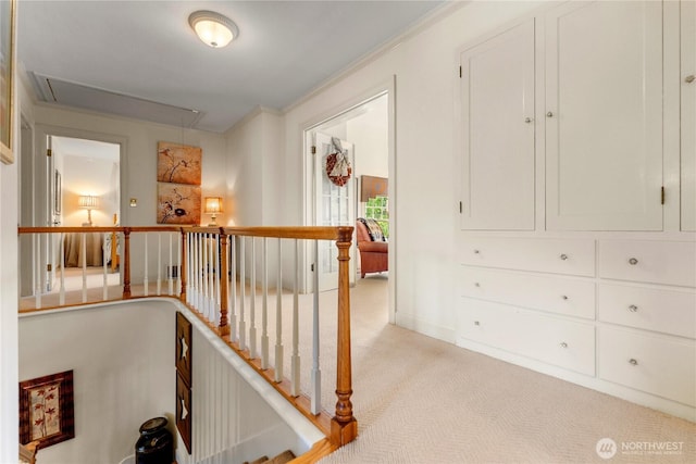 3A Ross Rd, Twisp, WA 98856 - hall featuring attic access, carpet flooring, crown molding, and an upstairs landing