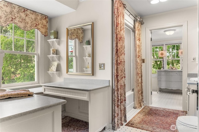 3A Ross Rd, Twisp, WA 98856 - full bath with healthy amount of natural light, vanity, shower / bath combination with curtain, and crown molding
