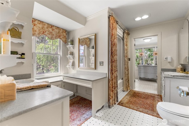 3A Ross Rd, Twisp, WA 98856 - bathroom with vanity, ornamental molding, and shower / washtub combination