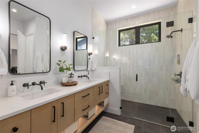 3847 Swiftwater Dr, Cle Elum, WA 98922 - full bath featuring a stall shower, double vanity, and tile patterned floors
