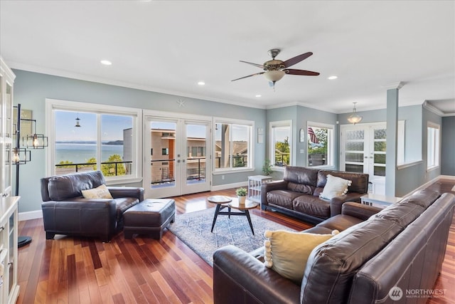3811 N Dale St, Tacoma, WA 98407 - living room featuring french doors, wood finished floors, a ceiling fan, recessed lighting, and crown molding
