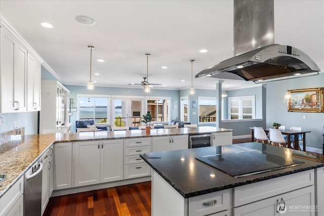 3811 N Dale St, Tacoma, WA 98407 - kitchen featuring island range hood, black electric cooktop, beverage cooler, stainless steel dishwasher, and a peninsula
