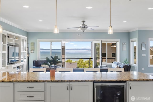 3811 N Dale St, Tacoma, WA 98407 - kitchen with beverage cooler, open floor plan, white cabinetry, a ceiling fan, and recessed lighting