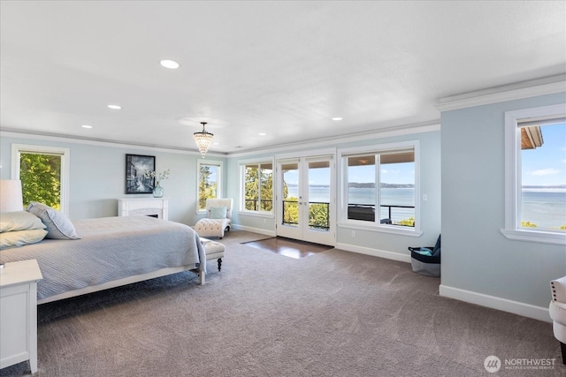 3811 N Dale St, Tacoma, WA 98407 - carpeted bedroom featuring ornamental molding, french doors, multiple windows, access to exterior, and recessed lighting
