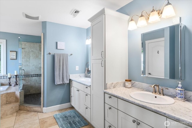 3811 N Dale St, Tacoma, WA 98407 - bathroom featuring vanity, a stall shower, tile patterned floors, and a bath