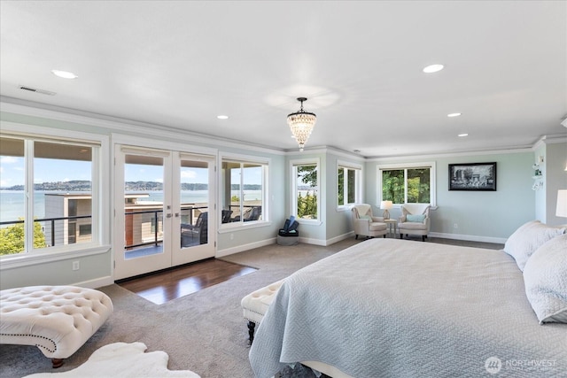 3811 N Dale St, Tacoma, WA 98407 - bedroom featuring crown molding, access to outside, multiple windows, a water view, and recessed lighting