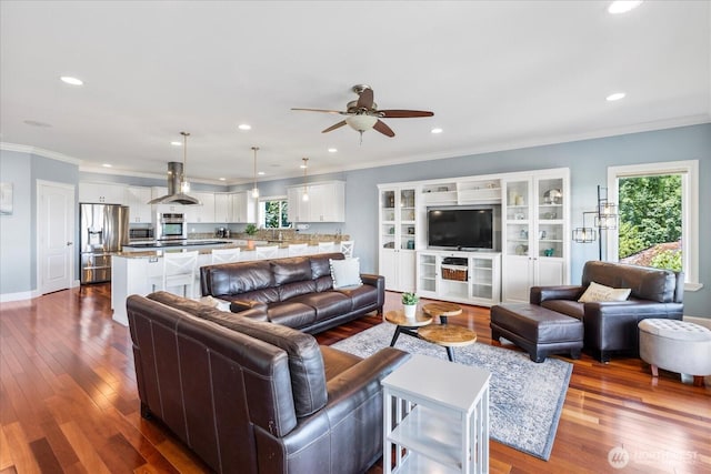 3811 N Dale St, Tacoma, WA 98407 - living room with ceiling fan, recessed lighting, dark wood-type flooring, and ornamental molding