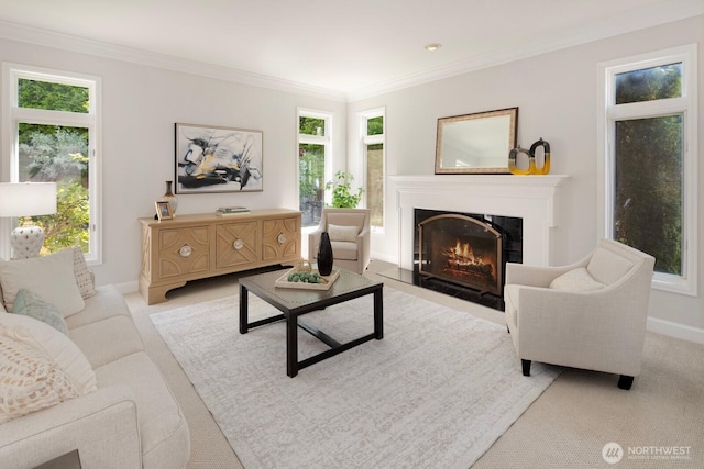 8234 NE 8th St, Medina, WA 98039 - living area with a fireplace with flush hearth, plenty of natural light, light colored carpet, and ornamental molding