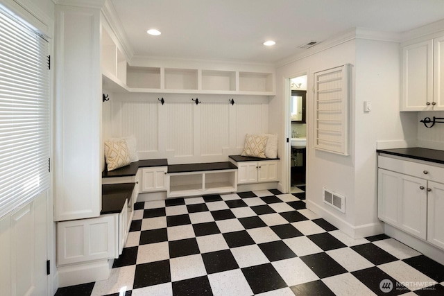 8234 NE 8th St, Medina, WA 98039 - mudroom featuring dark flooring, recessed lighting, and ornamental molding