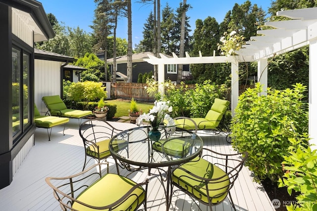 8234 NE 8th St, Medina, WA 98039 - wooden deck with a pergola and outdoor dining space