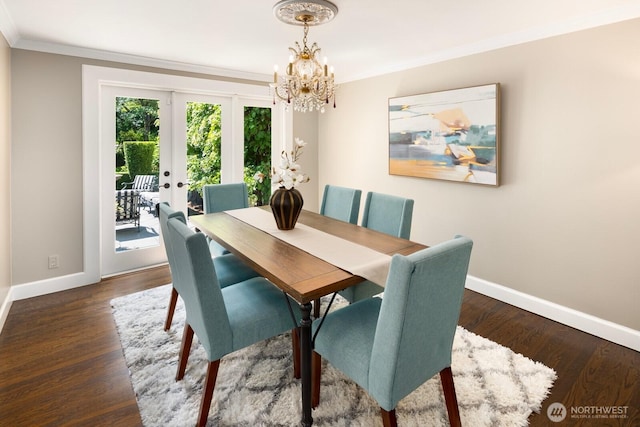 8234 NE 8th St, Medina, WA 98039 - dining area featuring a chandelier, ornamental molding, french doors, and wood finished floors