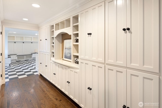 8234 NE 8th St, Medina, WA 98039 - mudroom with dark floors, recessed lighting, ornamental molding, and arched walkways