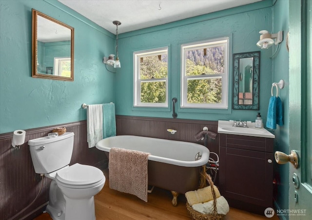 48911 Mountain Loop Hwy, Granite Falls, WA 98252 - full bathroom featuring wood finished floors, a wainscoted wall, a soaking tub, and vanity