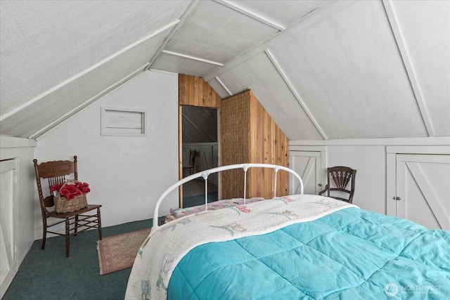 48911 Mountain Loop Hwy, Granite Falls, WA 98252 - bedroom featuring vaulted ceiling, carpet floors, and wooden walls