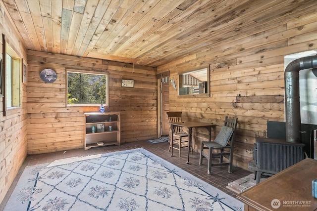 48911 Mountain Loop Hwy, Granite Falls, WA 98252 - dining area featuring a wood stove, wooden walls, and wooden ceiling