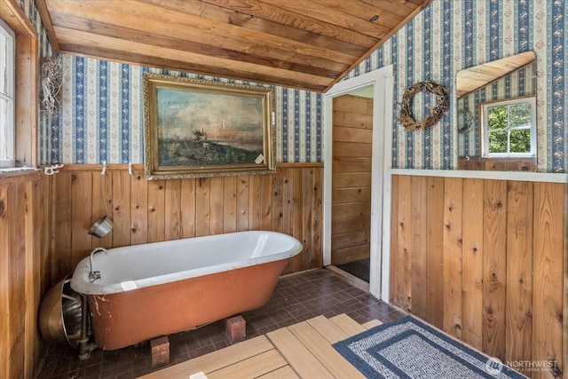 48911 Mountain Loop Hwy, Granite Falls, WA 98252 - bathroom featuring wallpapered walls, wainscoting, wooden walls, and a freestanding bath