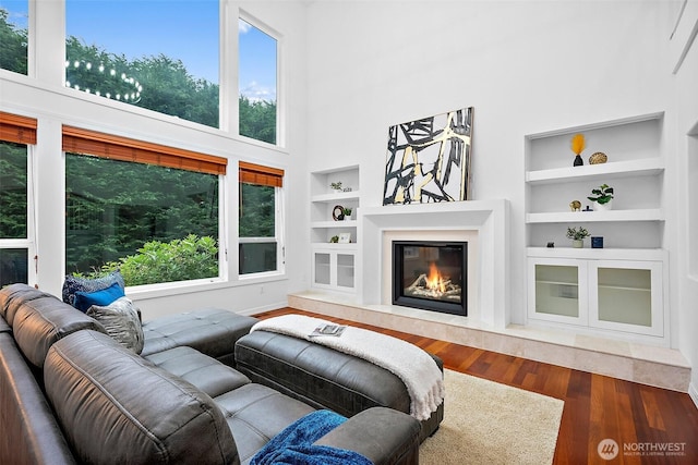 1402 180th Ave E, Lake Tapps, WA 98391 - living area featuring built in shelves, a glass covered fireplace, a high ceiling, and wood finished floors