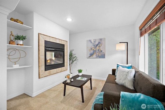 1402 180th Ave E, Lake Tapps, WA 98391 - living area with a fireplace, carpet flooring, and recessed lighting
