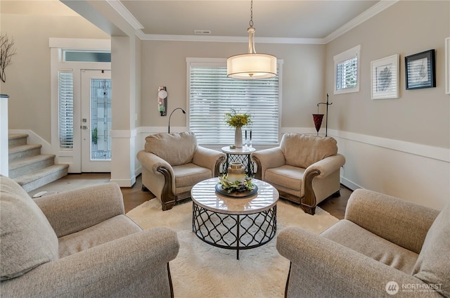 24220 93rd Ct S, Kent, WA 98030 - living room with ornamental molding, light wood finished floors, and stairs