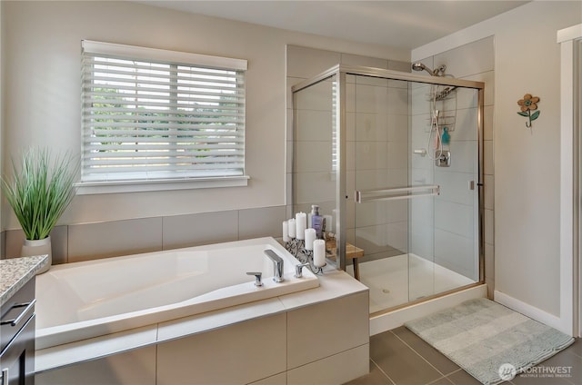 24220 93rd Ct S, Kent, WA 98030 - bathroom featuring a stall shower, a bath, tile patterned floors, and vanity