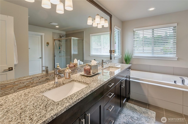 24220 93rd Ct S, Kent, WA 98030 - full bath with a stall shower, double vanity, a bath, tile patterned floors, and recessed lighting