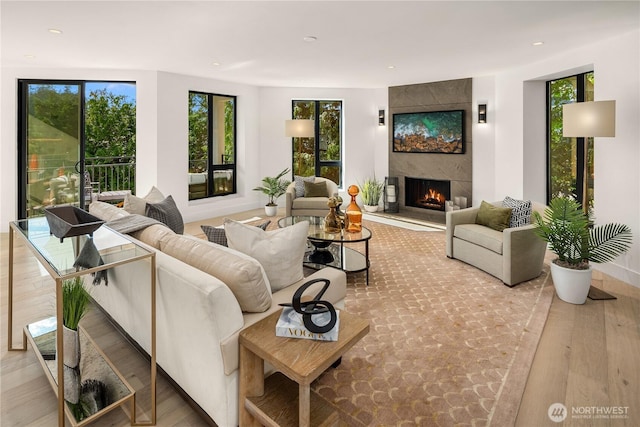 101 101st Ave SE Unit 201A, Bellevue, WA 98004 - living room with wood finished floors, a fireplace, and recessed lighting