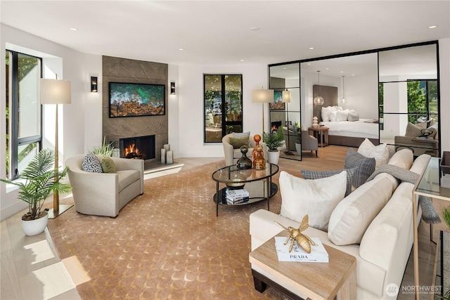 101 101st Ave SE Unit 201A, Bellevue, WA 98004 - living area featuring a large fireplace and recessed lighting