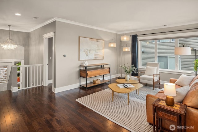 3833 24th Ave W, Seattle, WA 98199 - living area with hardwood / wood-style floors, a chandelier, recessed lighting, and crown molding