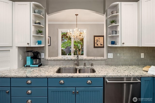 3833 24th Ave W, Seattle, WA 98199 - kitchen featuring open shelves, dishwasher, crown molding, blue cabinetry, and decorative backsplash