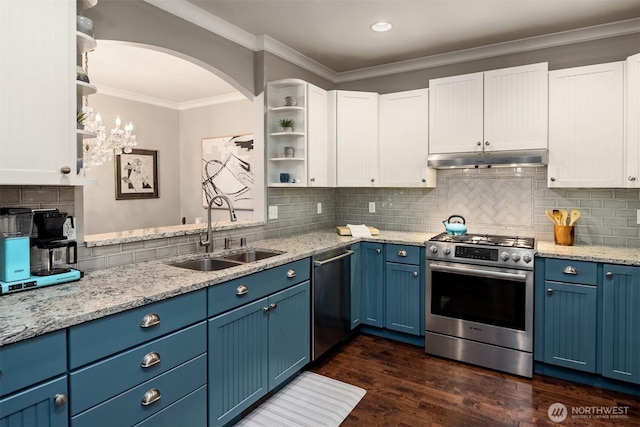 3833 24th Ave W, Seattle, WA 98199 - kitchen with appliances with stainless steel finishes, open shelves, blue cabinetry, white cabinets, and ornamental molding