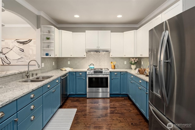 3833 24th Ave W, Seattle, WA 98199 - kitchen with appliances with stainless steel finishes, blue cabinetry, ornamental molding, open shelves, and white cabinets