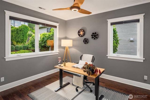 3833 24th Ave W, Seattle, WA 98199 - home office with crown molding, a ceiling fan, and wood finished floors