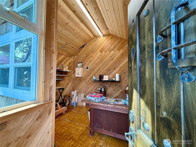 877 Mount Olympus Ave SE, Ocean Shores, WA 98569 - home office with wood walls, vaulted ceiling, wooden ceiling, and wood finished floors