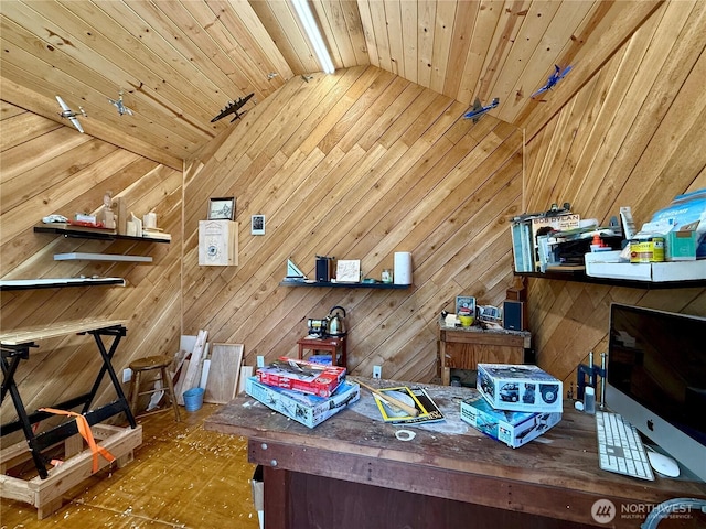 877 Mount Olympus Ave SE, Ocean Shores, WA 98569 - home office with vaulted ceiling, wooden ceiling, and wooden walls