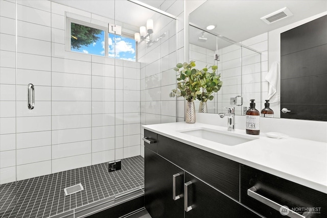 1110 Martin Luther King Jr Way S Unit A, Seattle, WA 98144 - full bath featuring vanity, a shower stall, tile walls, and a chandelier