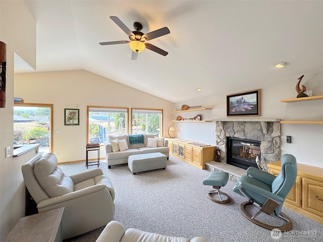 206 Buckhorn, Sequim, WA 98382 - carpeted living area featuring vaulted ceiling, ceiling fan, a fireplace, and recessed lighting