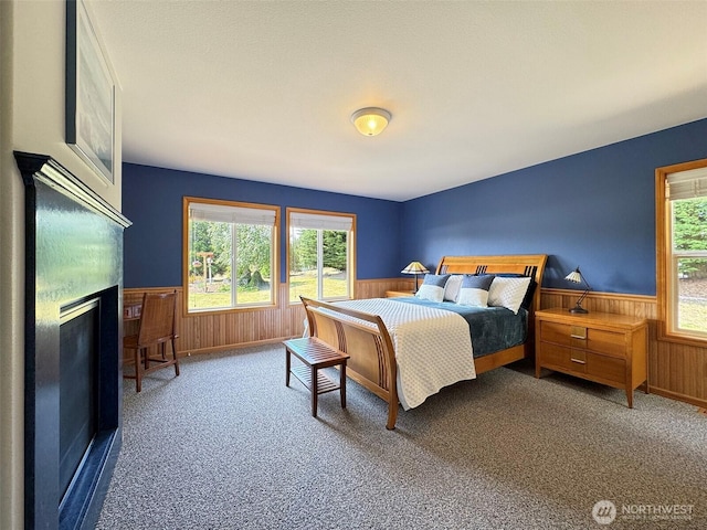 206 Buckhorn, Sequim, WA 98382 - carpeted bedroom with wood walls, wainscoting, and a fireplace