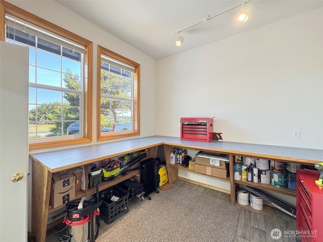 206 Buckhorn, Sequim, WA 98382 - office with track lighting, wood finished floors, and a workshop area