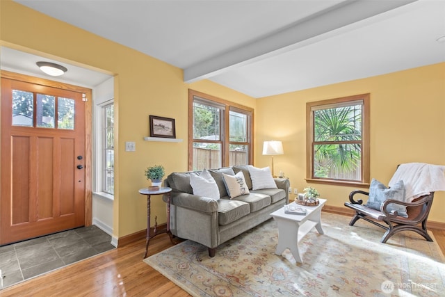 13527 23rd Ave NE, Seattle, WA 98125 - living room featuring wood finished floors and beam ceiling